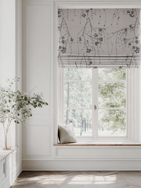 Grey Botanical Linen Roman blind - Berry Ash - Natural base fabric.