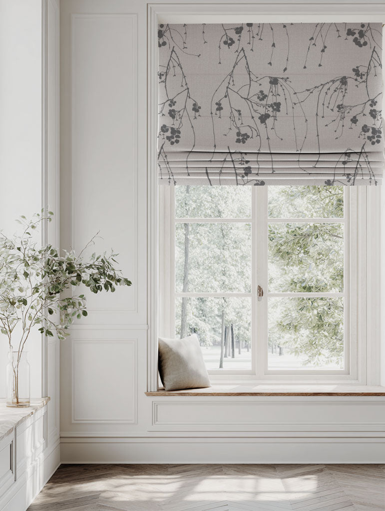 Grey Botanical Linen Roman blind - Berry Ash - Natural base fabric.