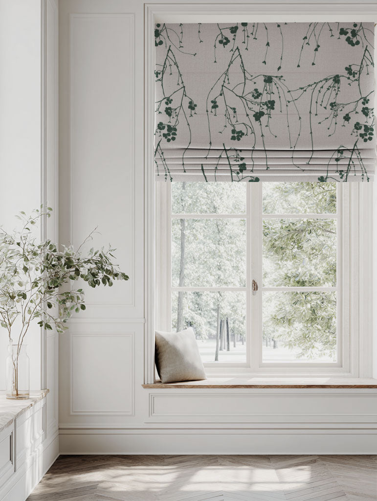 Green Botanical Linen Roman blind - Berry Dark Pine - Natural base fabric.