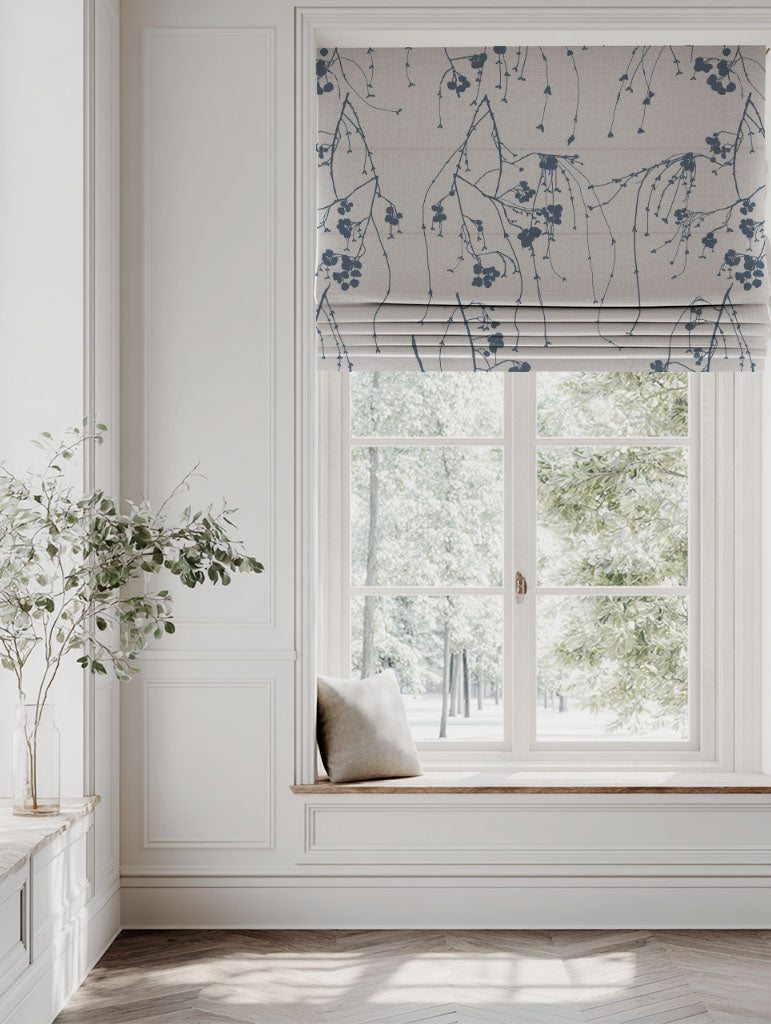 Blue Botanical Linen Roman blind - Berry Denim - Natural base fabric.