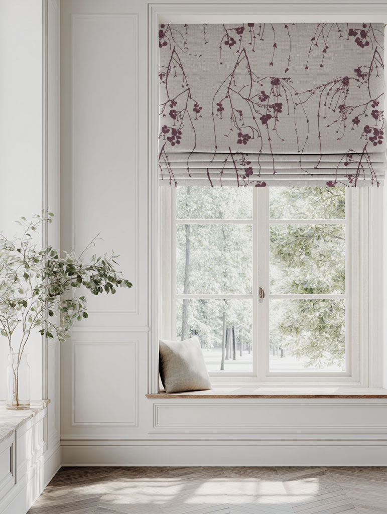 Purple Botanical Linen Roman blind - Berry Grape - Natural base fabric.