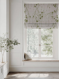 Green Botanical Linen Roman blind - Berry Leaf - Natural base fabric.