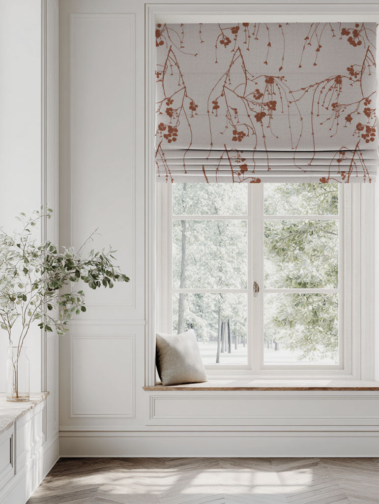 Orange Botanical Linen Roman blind - Berry Terracotta - Natural base fabric.