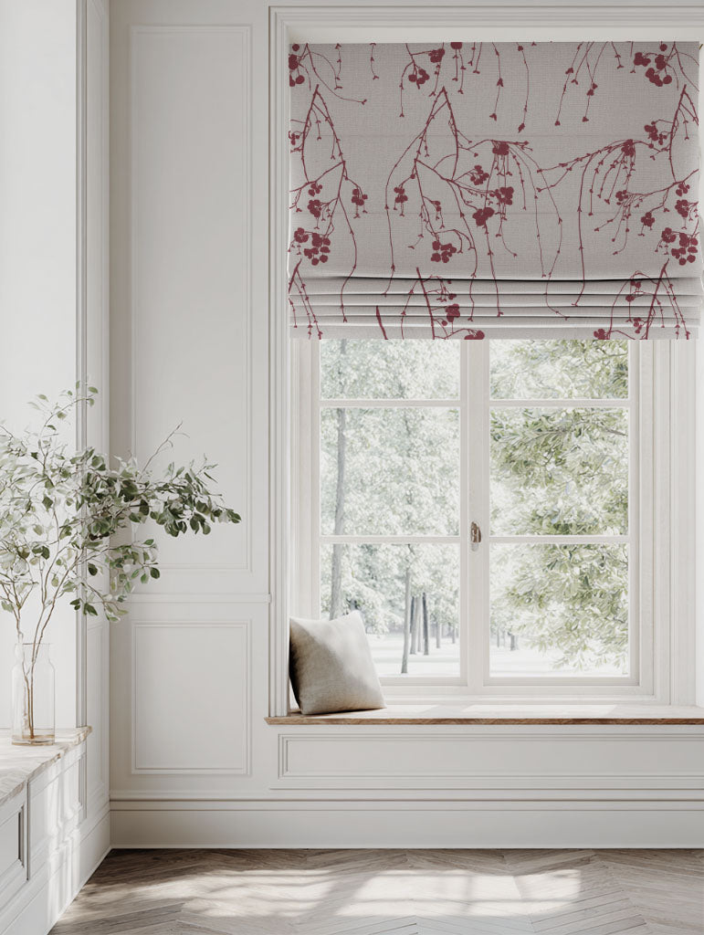 Red Botanical Linen Roman blind - Berry Wine - Natural base fabric.