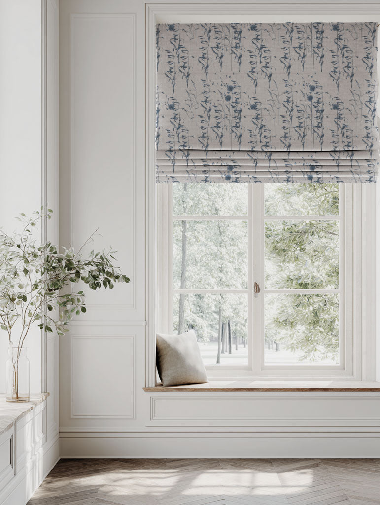 Blue Botanical Linen Roman blind - Breeze Denim - Natural base fabric.