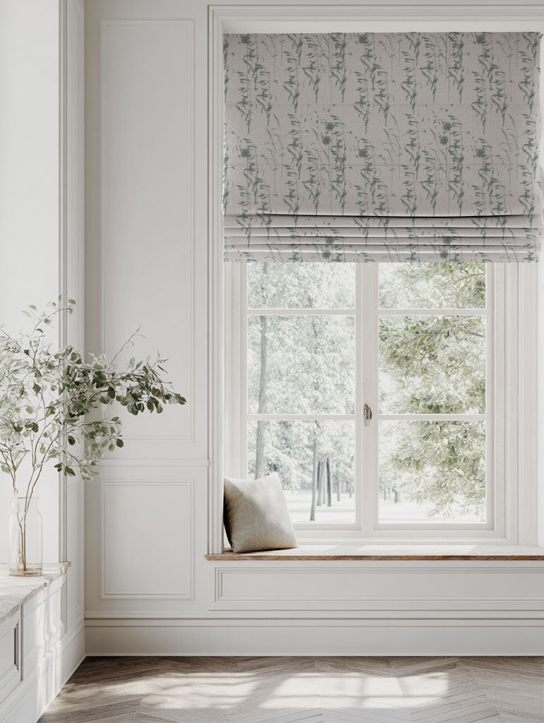 Green Botanical Linen Roman blind - Breeze Sage - Natural base fabric.