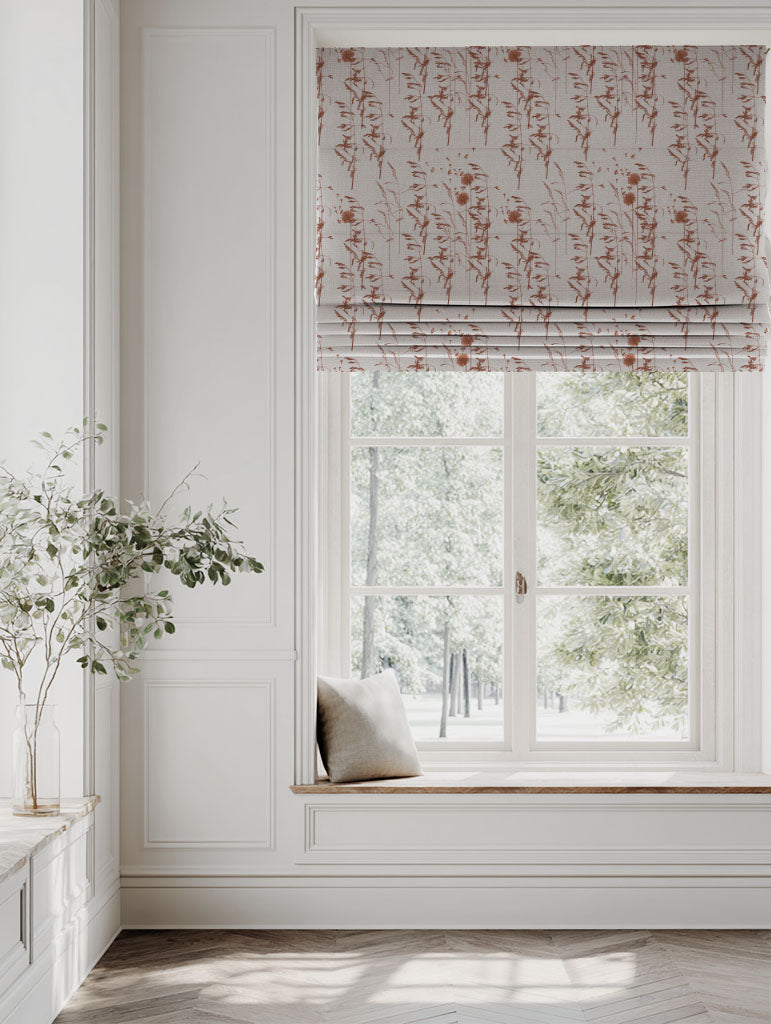 Red / Orange Botanical Linen Roman blind - Breeze Terracotta - Natural base fabric.