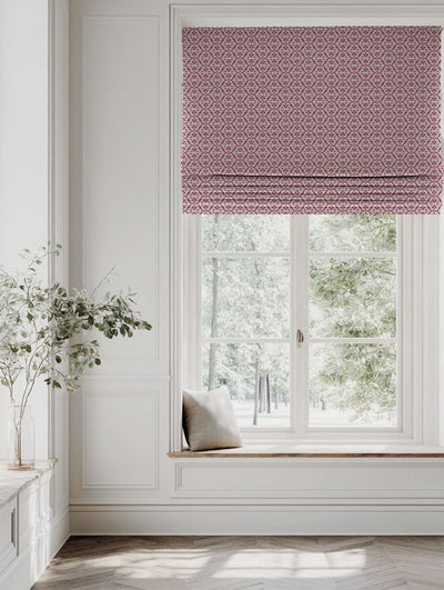 Red Patterned Linen Roman blind - Brita Cherry - Natural base fabric.