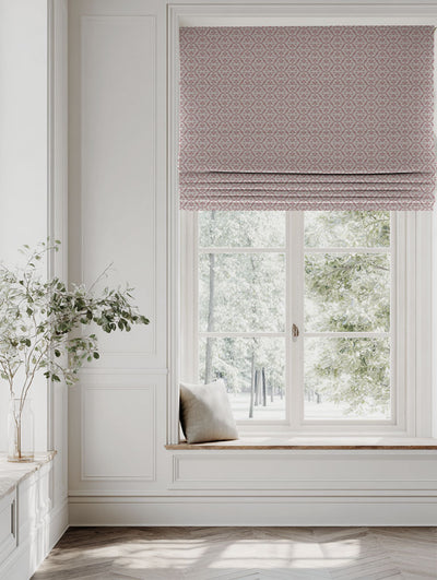 Pink Patterned Linen Roman blind - Brita Dusty Pink - Natural base fabric.