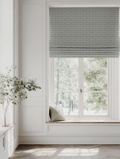 Green Patterned Linen Roman blind - Brita Sage - Natural base fabric.