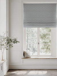 Blue Patterned Linen Roman blind - Brita Sky - Natural base fabric.