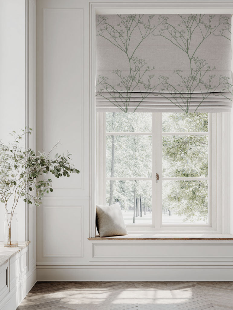 Green Floral Linen Roman blind - Chervil Jade Mist - Natural base fabric.