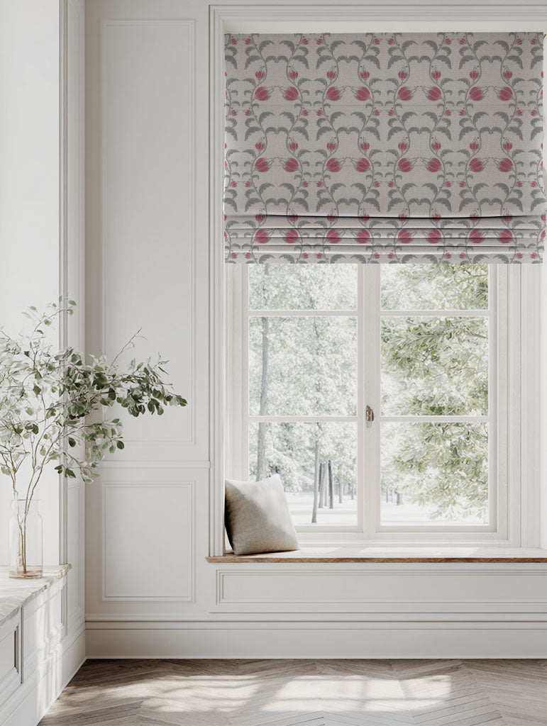 Red Floral Linen Roman blind - Dana Cherry - Natural base fabric.