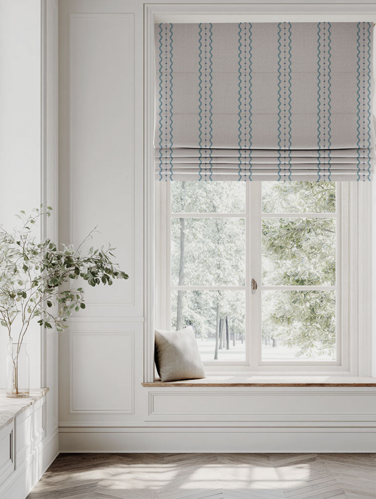 Blue Striped Roman blind - Daphne Marine Blue - Natural base fabric.