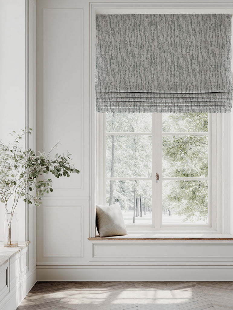 Green Patterned Linen Roman blind - Dora Sage - Natural base fabric.