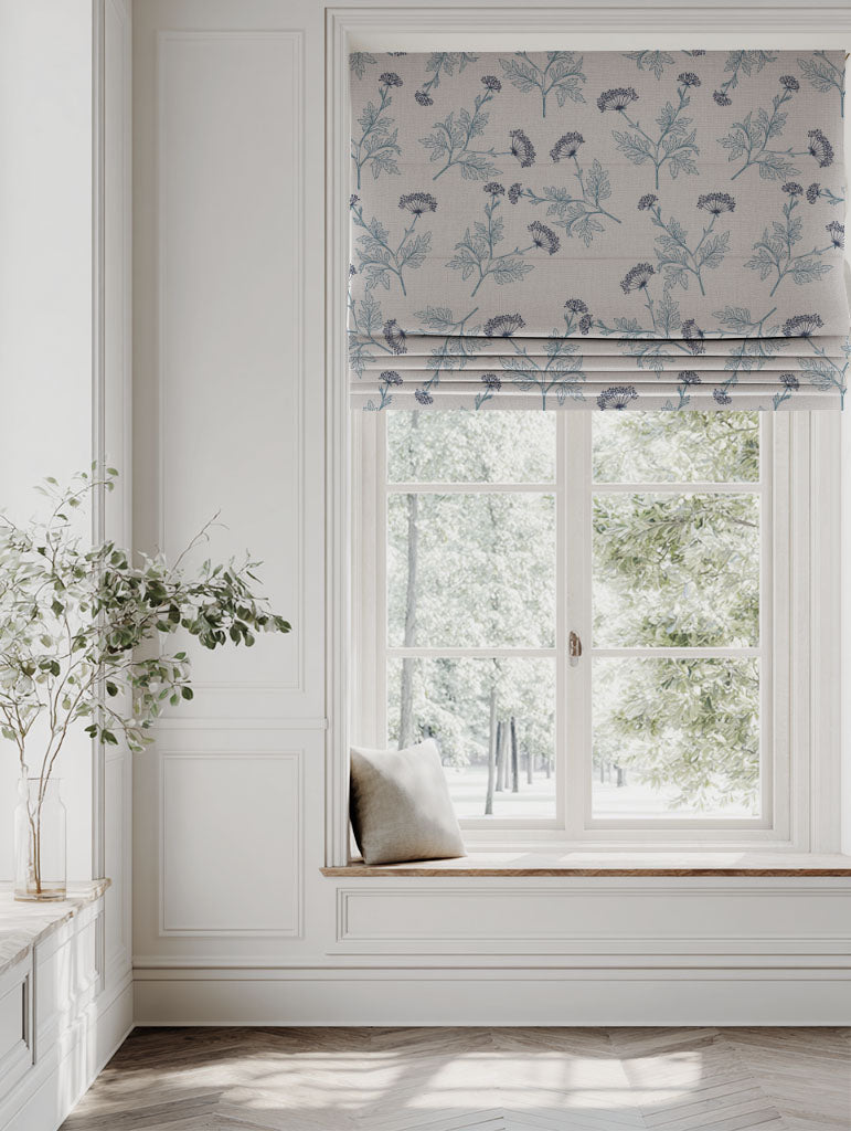 Blue Botanical Linen Roman blind - Emmy True Blue - Natural base fabric.