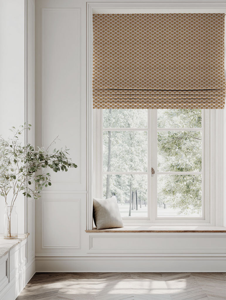 Orange / Yellow Patterned Linen Roman blind - Erle Gold Ochre - Natural base fabric.