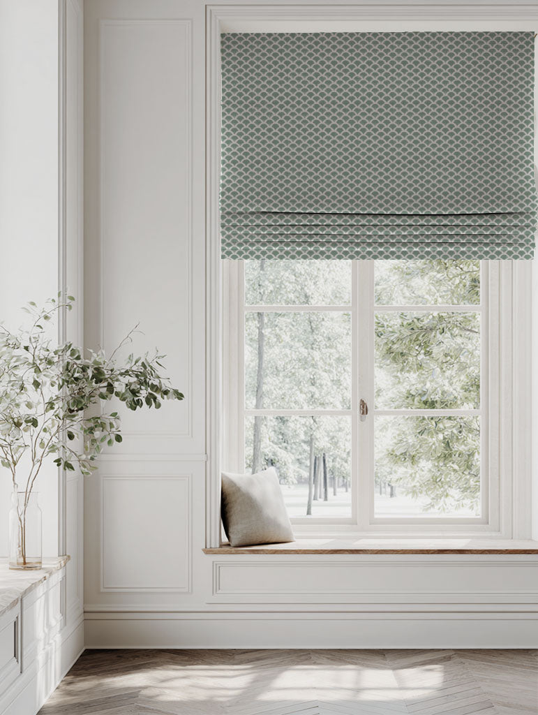 Green Patterned Linen Roman blind - Erle Jade Mist - Natural base fabric.