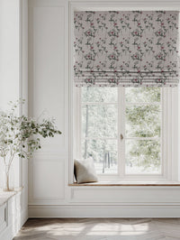 Red Floral Linen Roman blind - Esther Cherry - Natural base fabric.