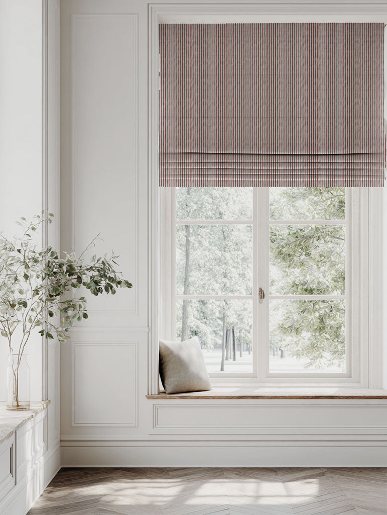 Red / Brown Striped Linen Roman blind - Evelina Crimson Red - Natural base fabric.