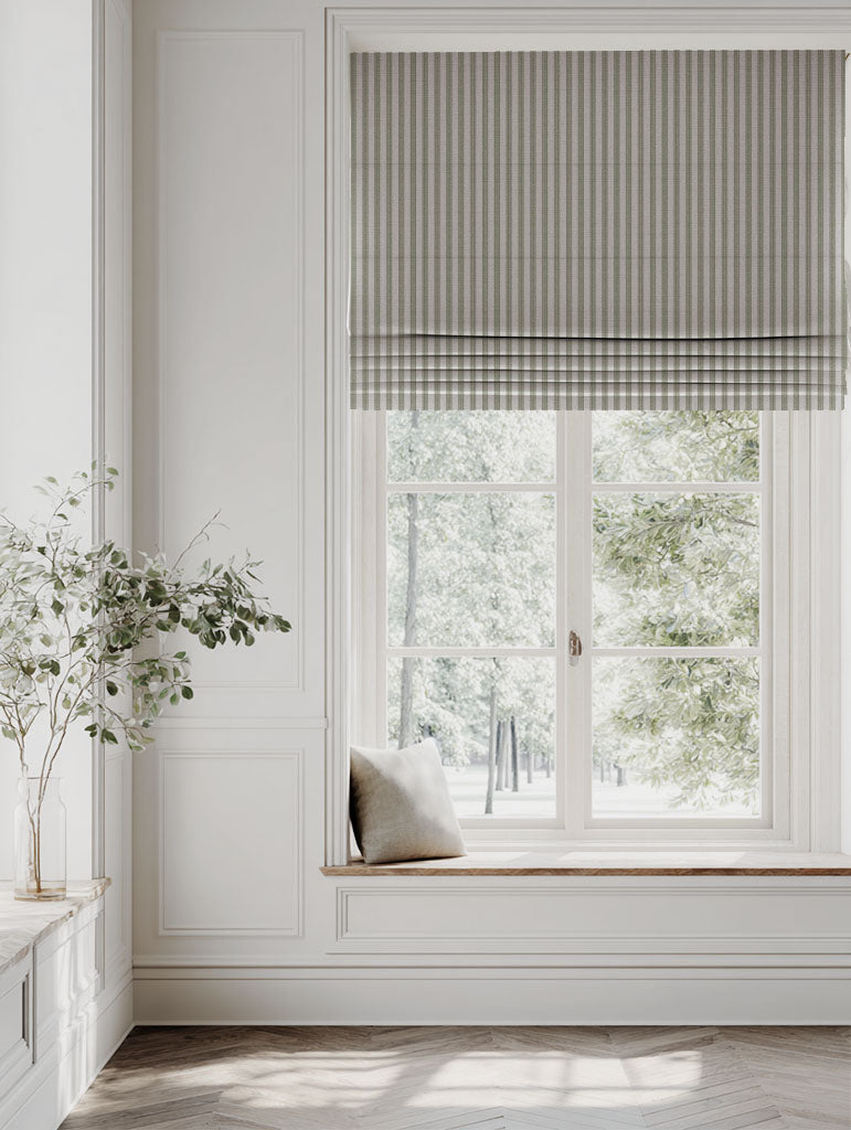 Green Striped Linen Roman blind - Evianne Khaki - Natural base fabric.