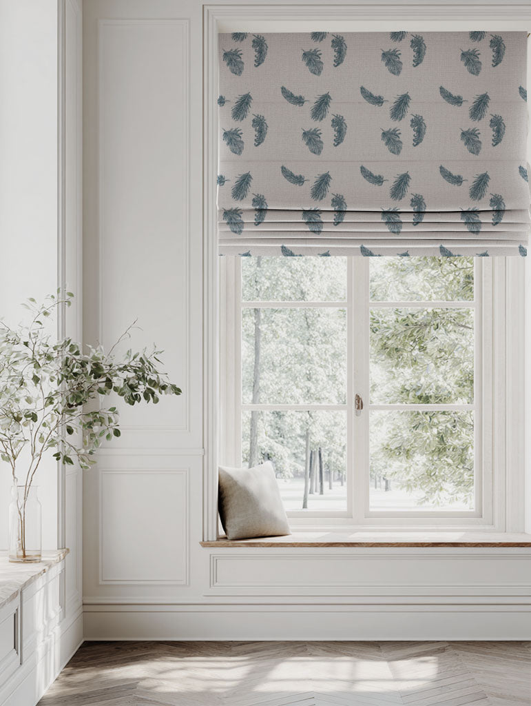 Blue Patterned Linen Roman blind - Feathers Blue Stone - Natural base fabric.