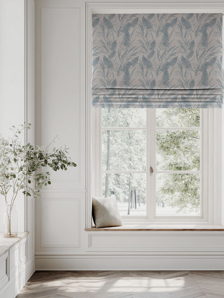Blue Botanical Linen Roman blind - Fernia True Blue - Natural base fabric.