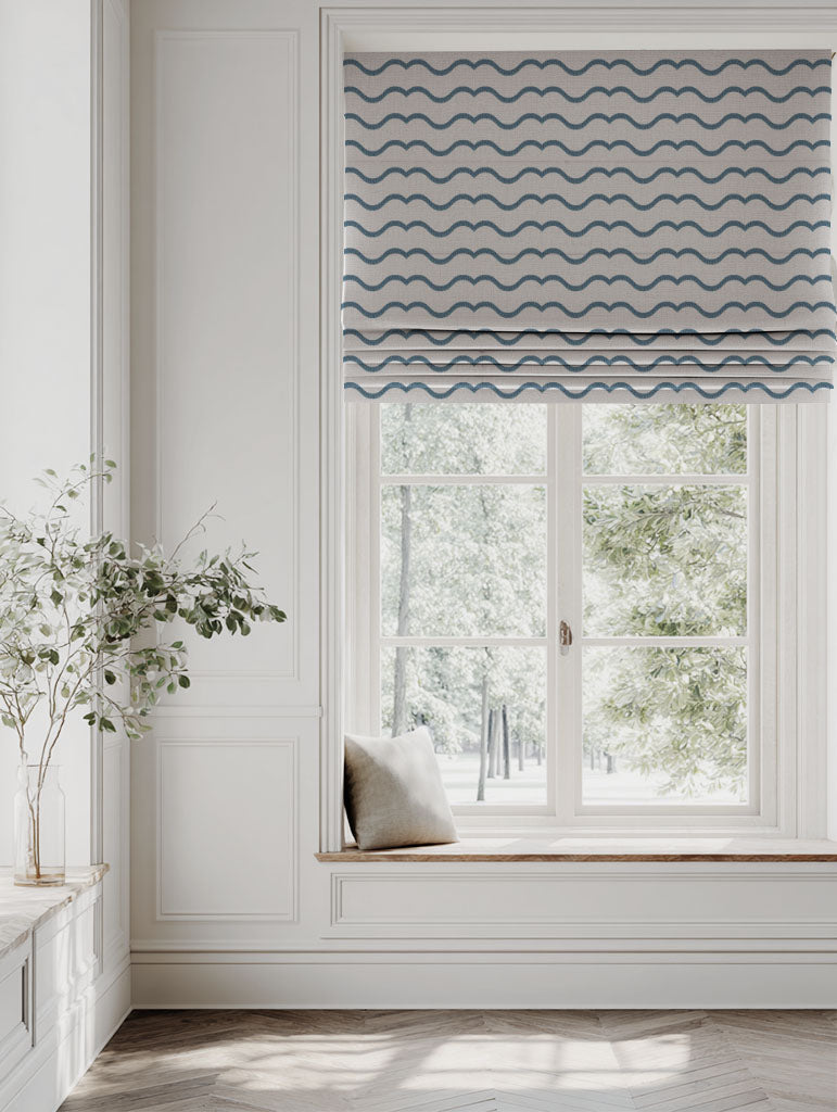 Blue Patterned Linen Roman blind - Fiorella Blue - Natural base fabric.