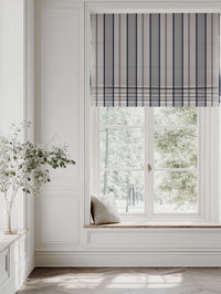 Blue Striped Linen Roman blind - Freja Deep Blue - Natural base fabric.