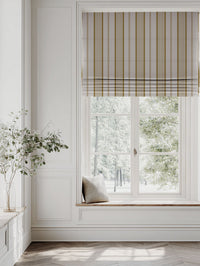 Yellow Striped Linen Roman blind - Freja Gold Rod - Natural base fabric.