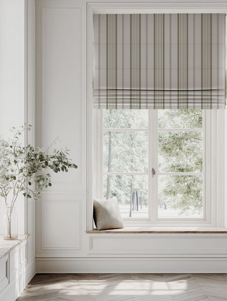 Green Striped Linen Roman blind - Freja Olive - Natural base fabric.