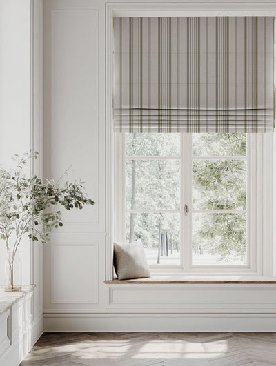 Green Striped Linen Roman blind - Freja Olive - Natural base fabric.