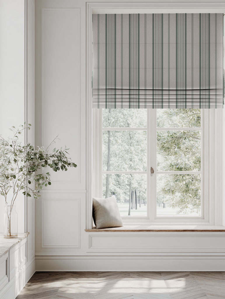 Green Striped Linen Roman blind - Freja Sage - Natural base fabric.