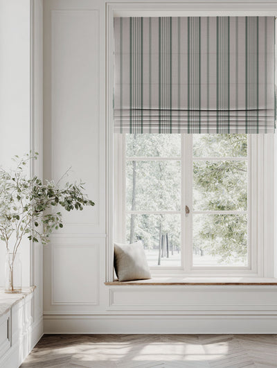 Green Striped Linen Roman blind - Freja Sage - Natural base fabric.