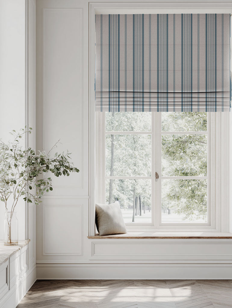 Blue Striped Linen Roman blind - Freja True Blue - Natural base fabric.