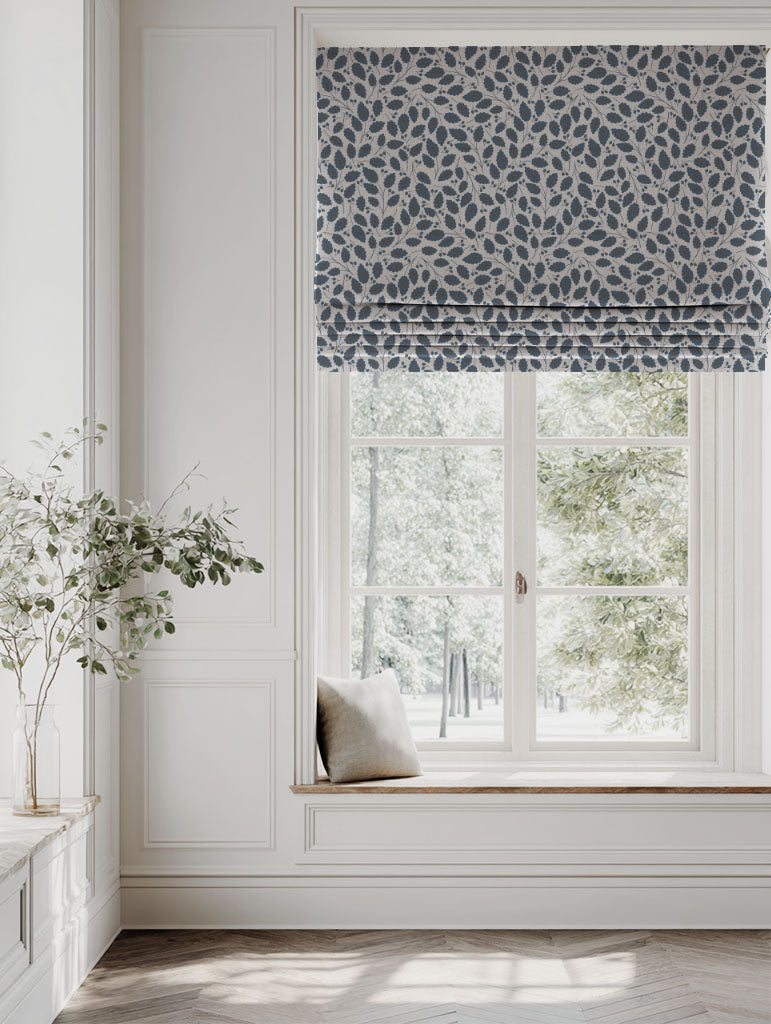 Blue Botanical Linen Roman blind - Goldie Denim - Natural base fabric.