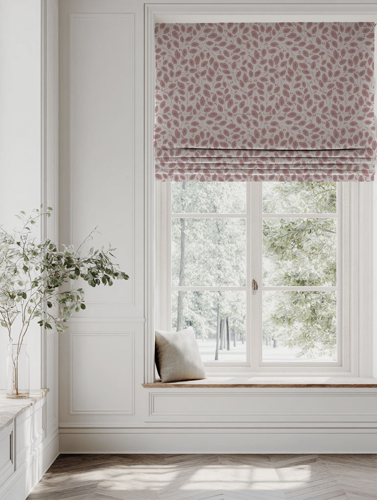 Pink Botanical Linen Roman blind - Goldie Dusty Pink - Natural base fabric.