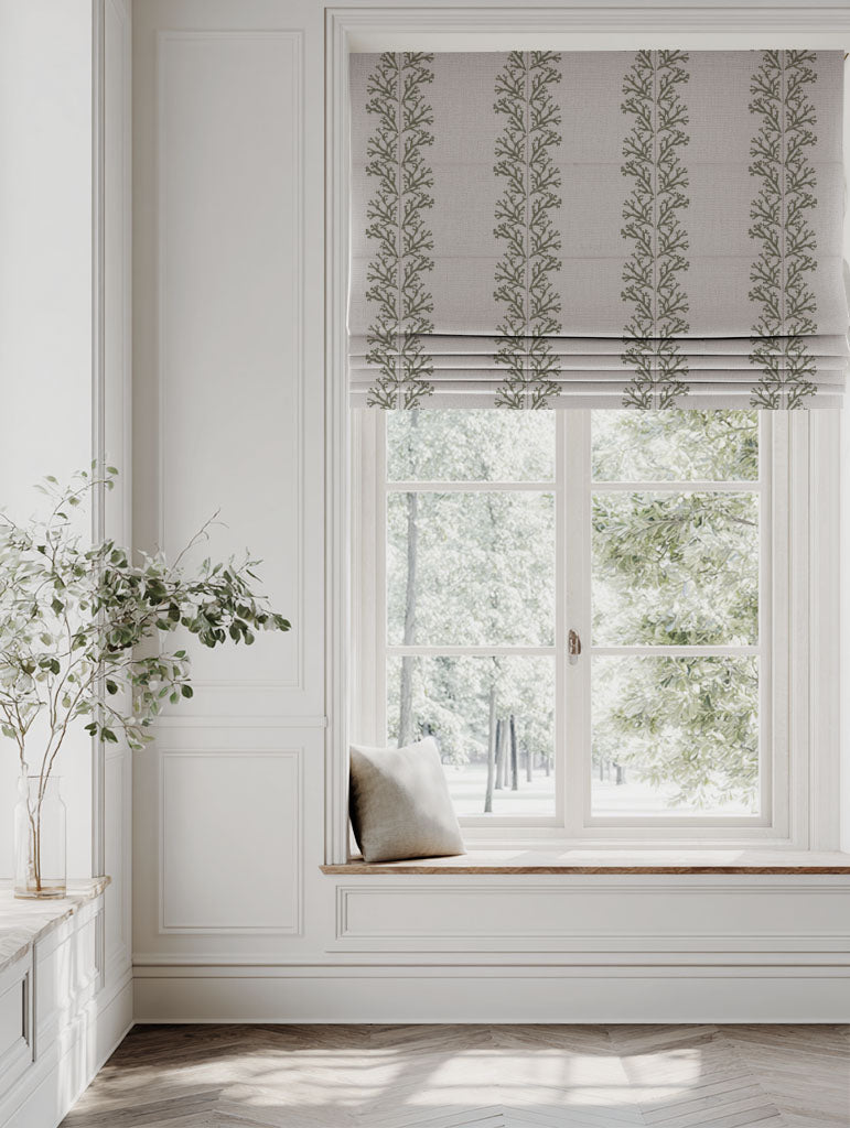 Green Patterned Linen Roman blind - Hensley Moss - Natural base fabric.