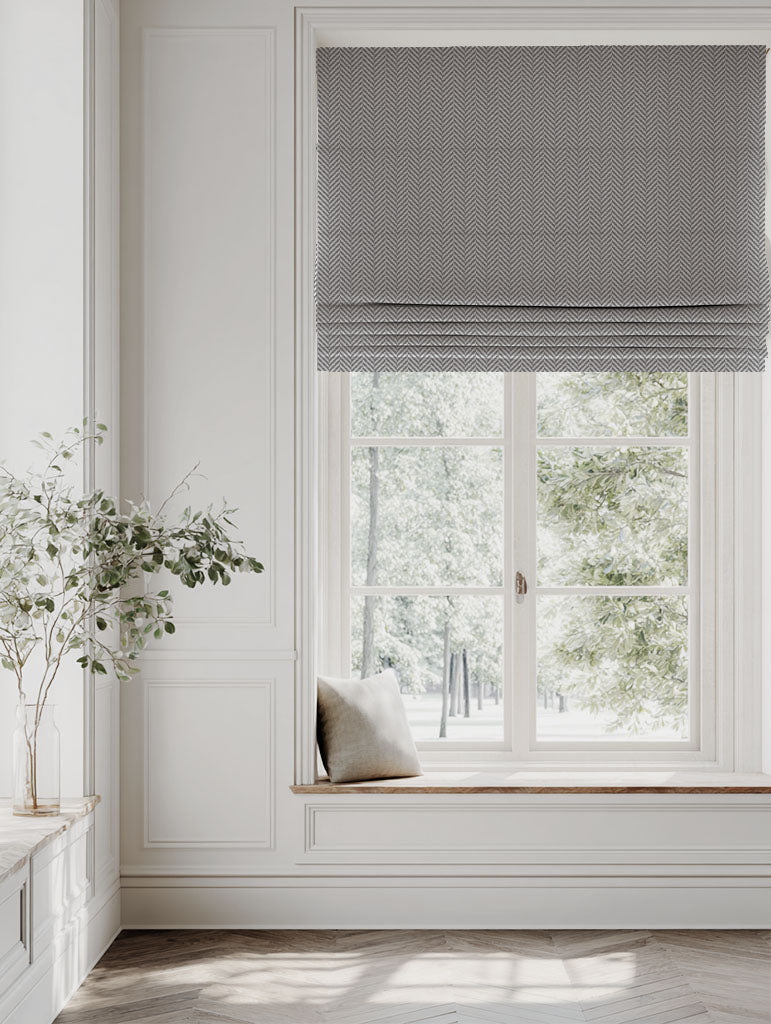 Grey Patterned Linen Roman blind - Hugo Ash - Natural base fabric.