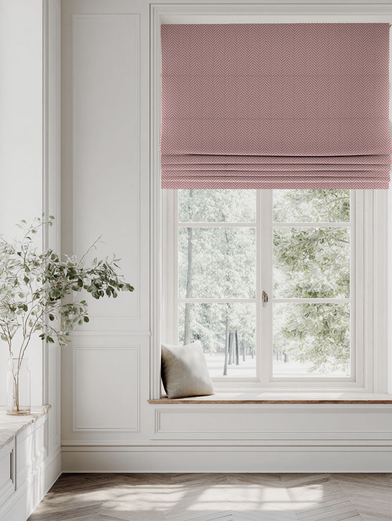 Pink Patterned Linen Roman blind - Hugo Sweetpea - Natural base fabric.