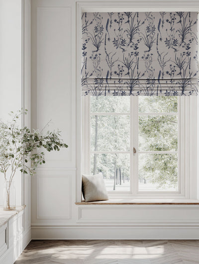 Blue Floral Linen Roman blind - Iida Deep Blue - Natural base fabric.