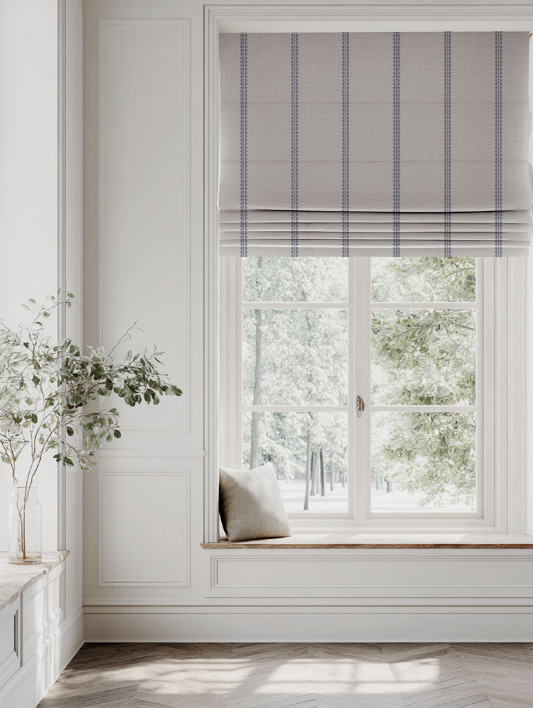 Blue Striped Linen Roman blind - Imogen Deep Blue-NAT - Natural base fabric.