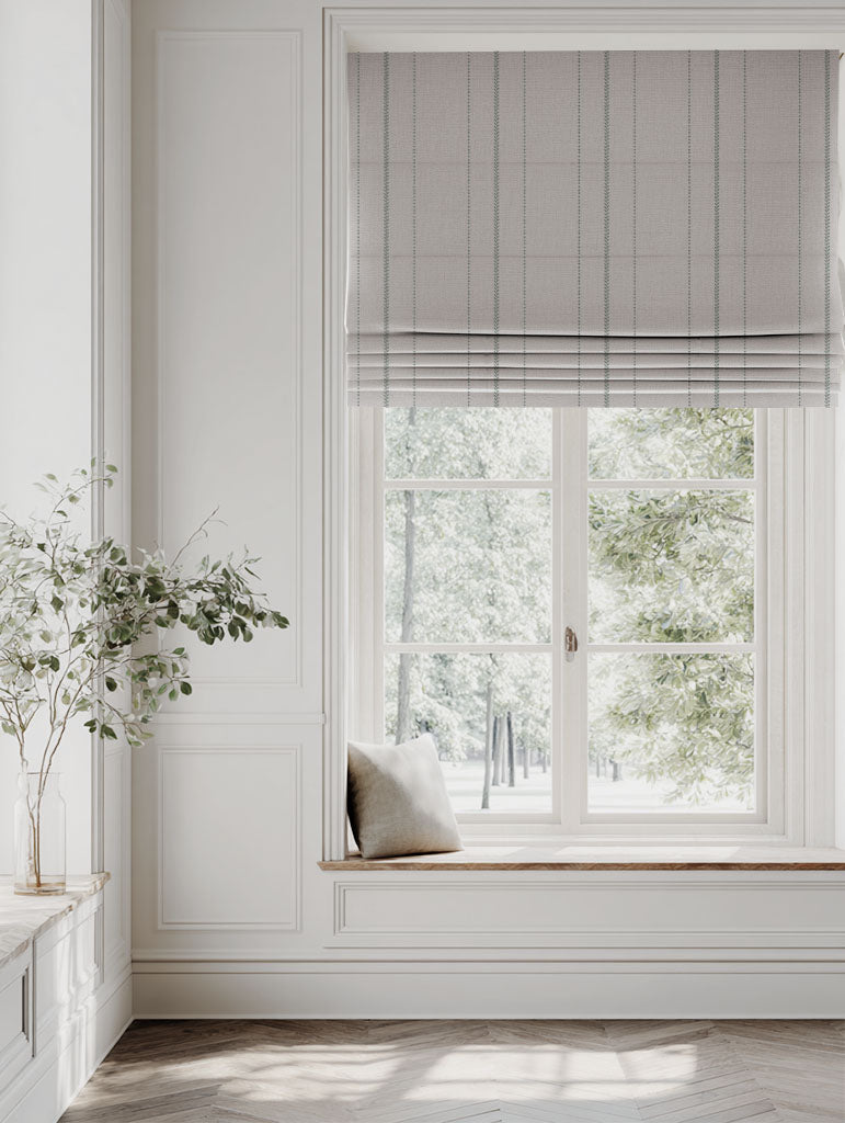 Green Striped Linen Roman blind - Inari Sage - Natural base fabric.
