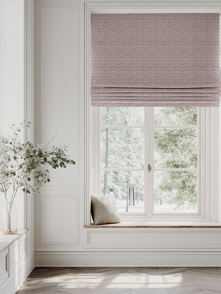 Pink Patterned Linen Roman blind - Jenna Dusty Pink - Natural base fabric.