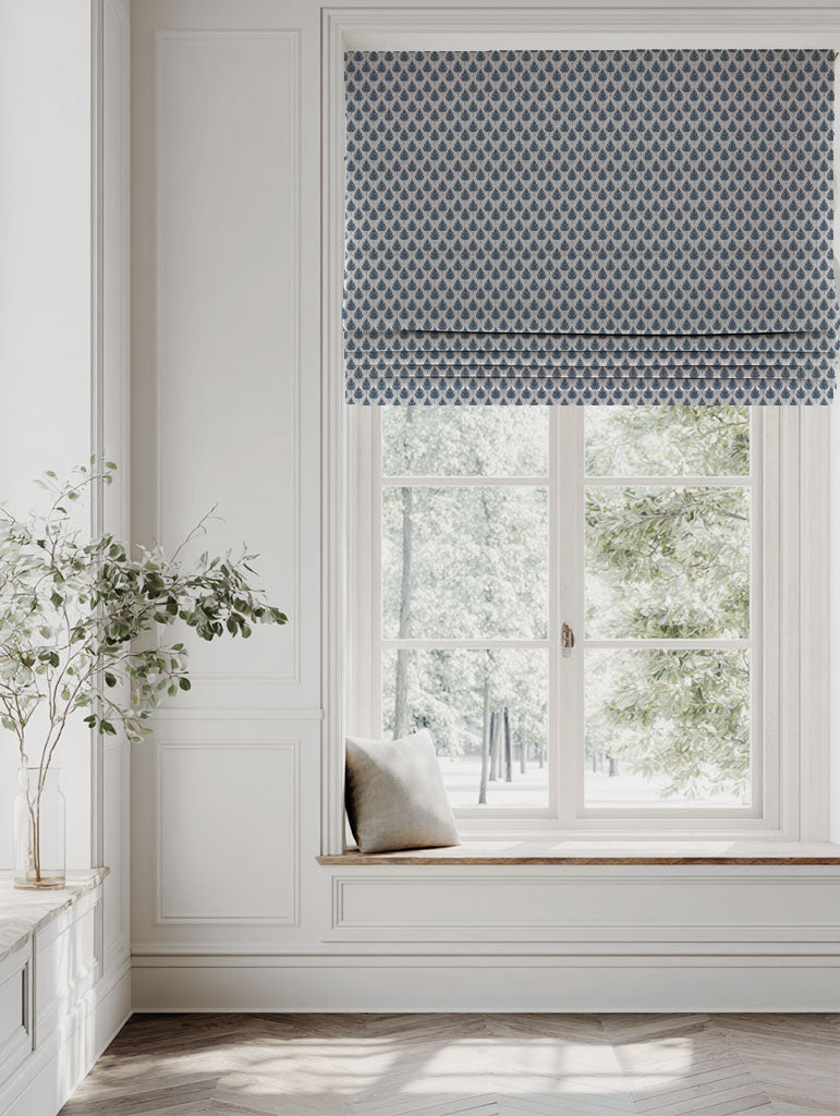 Blue Botanical Linen Roman blind - Kira-Nat Denim - Natural base fabric.