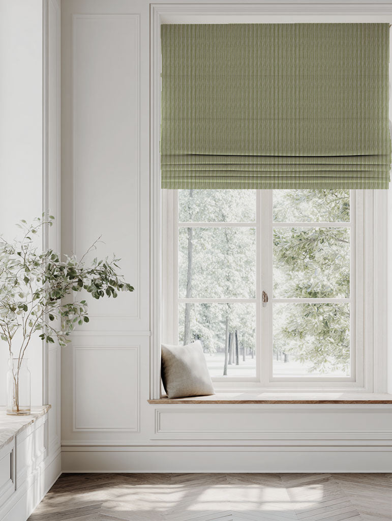 Green Striped Linen Roman blind - Laila Leaf - Natural base fabric.