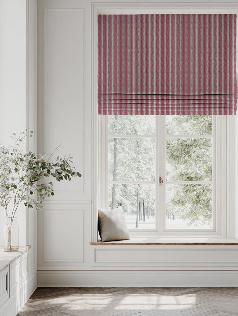 Red Striped Linen Roman blind - Laila Wine - Natural base fabric.