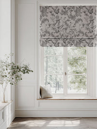 Black Floral Linen Roman blind - Marianne-INV Noir - Natural base fabric.