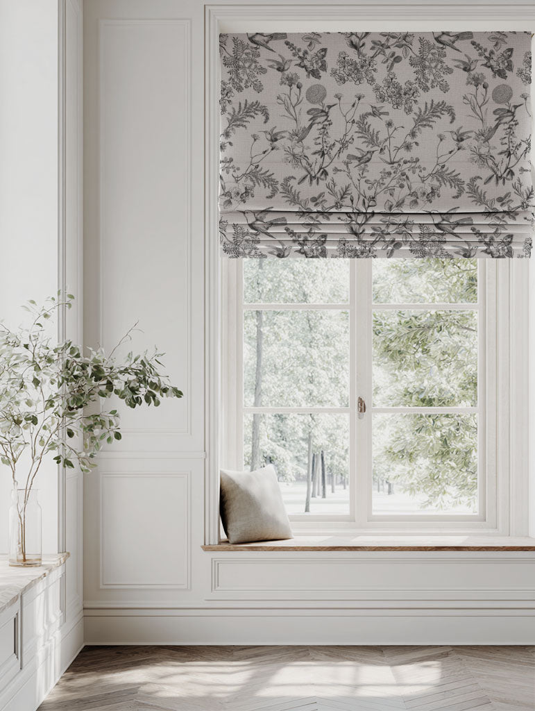 Black Floral Linen Roman blind - Marianne-INV Noir - Natural base fabric.