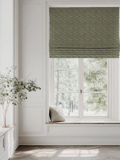 Green Floral Linen Roman blind - Miny Khaki - Natural base fabric.